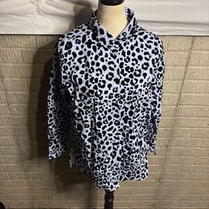 VILAGALLO Blue Black Leopard Print Button Down Shirt Long Sleeve Women size 46 L